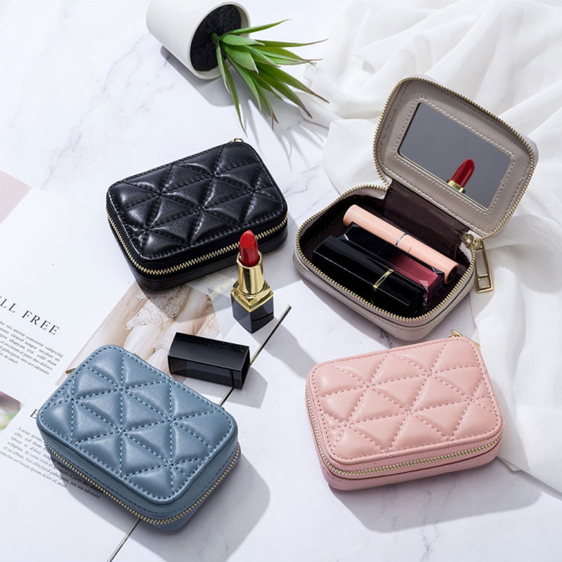Top-Layer Cowhide Leather Travel Lipstick Storage Bag Mirror Design Zipper Makeup Bag