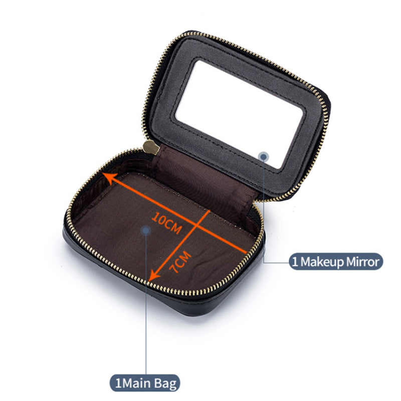 Top-Layer Cowhide Leather Travel Lipstick Storage Bag Mirror Design Zipper Makeup Bag