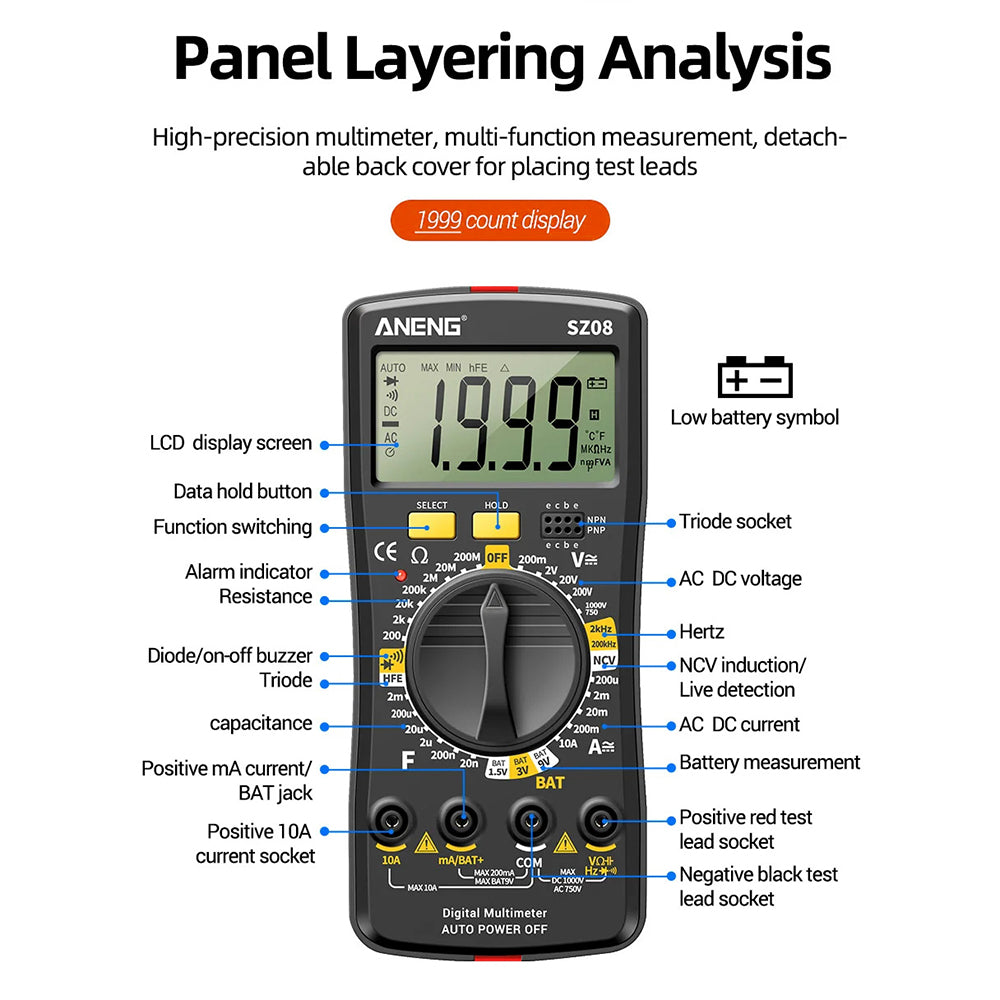 ANENG SZ08 Digital Multimeter Auto Voltmeter AC DC 220V Resistance Handhold Tester