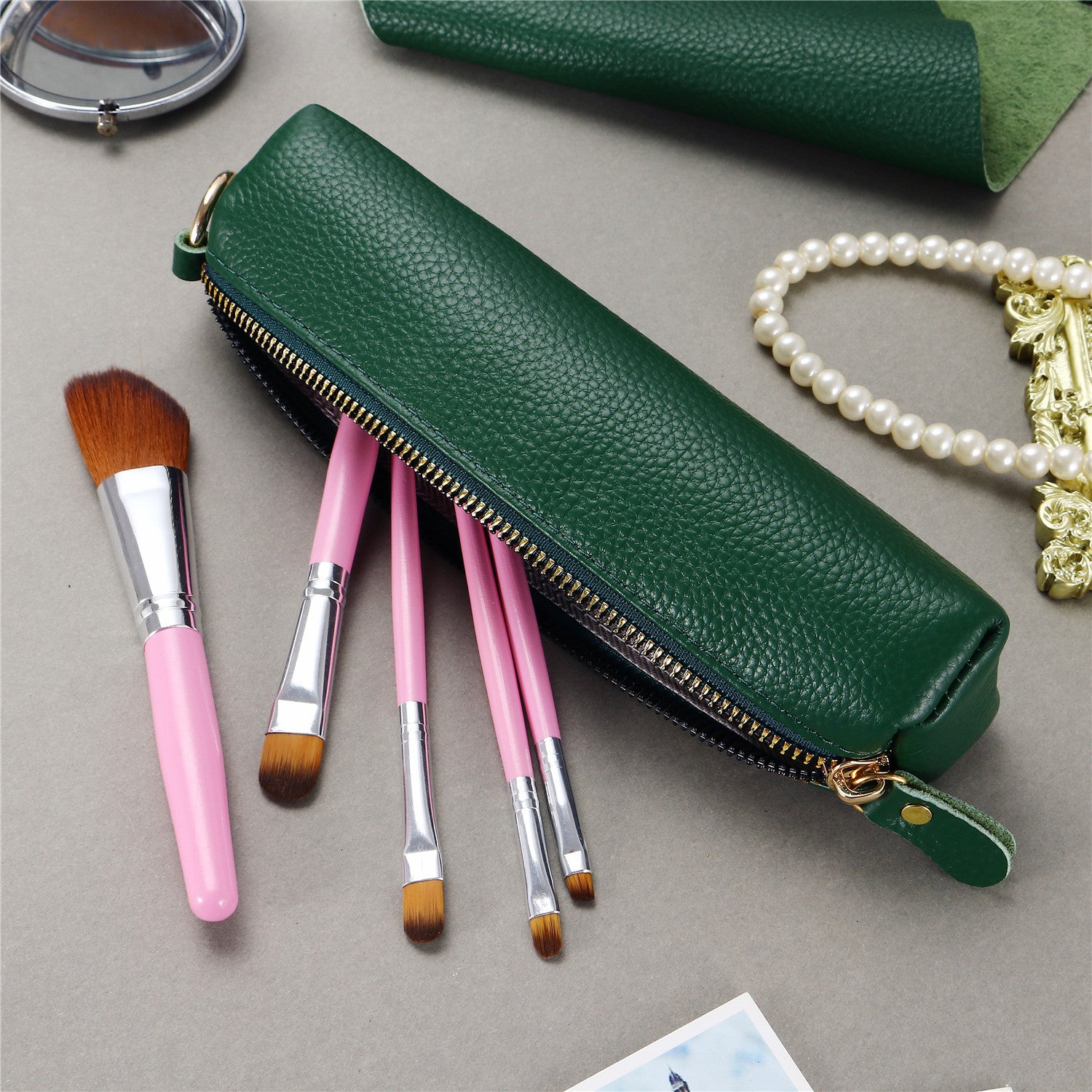 Litchi Texture Cowhide Leather Pencil Case Zipper Stationery Storage Pouch