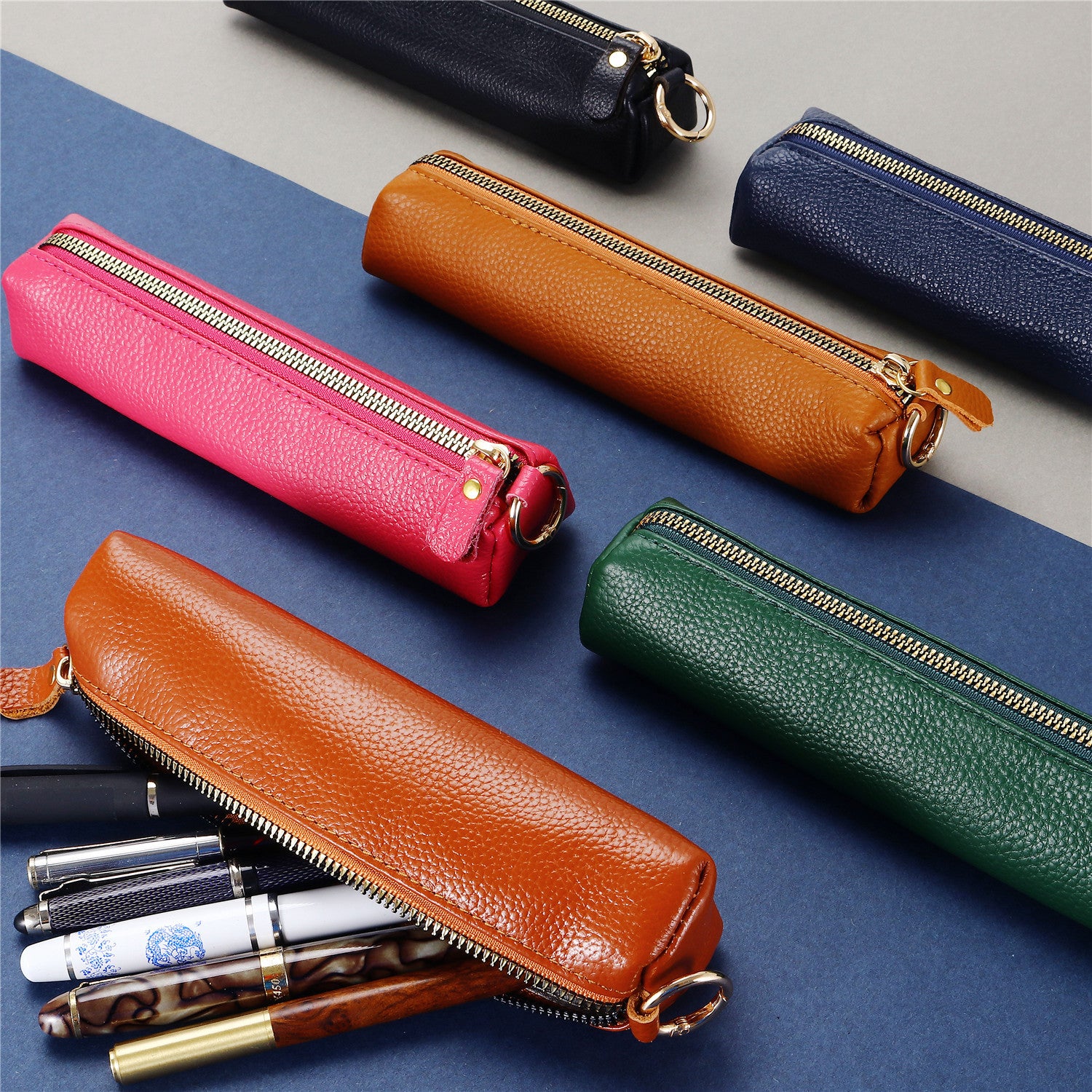 Litchi Texture Cowhide Leather Pencil Case Zipper Stationery Storage Pouch