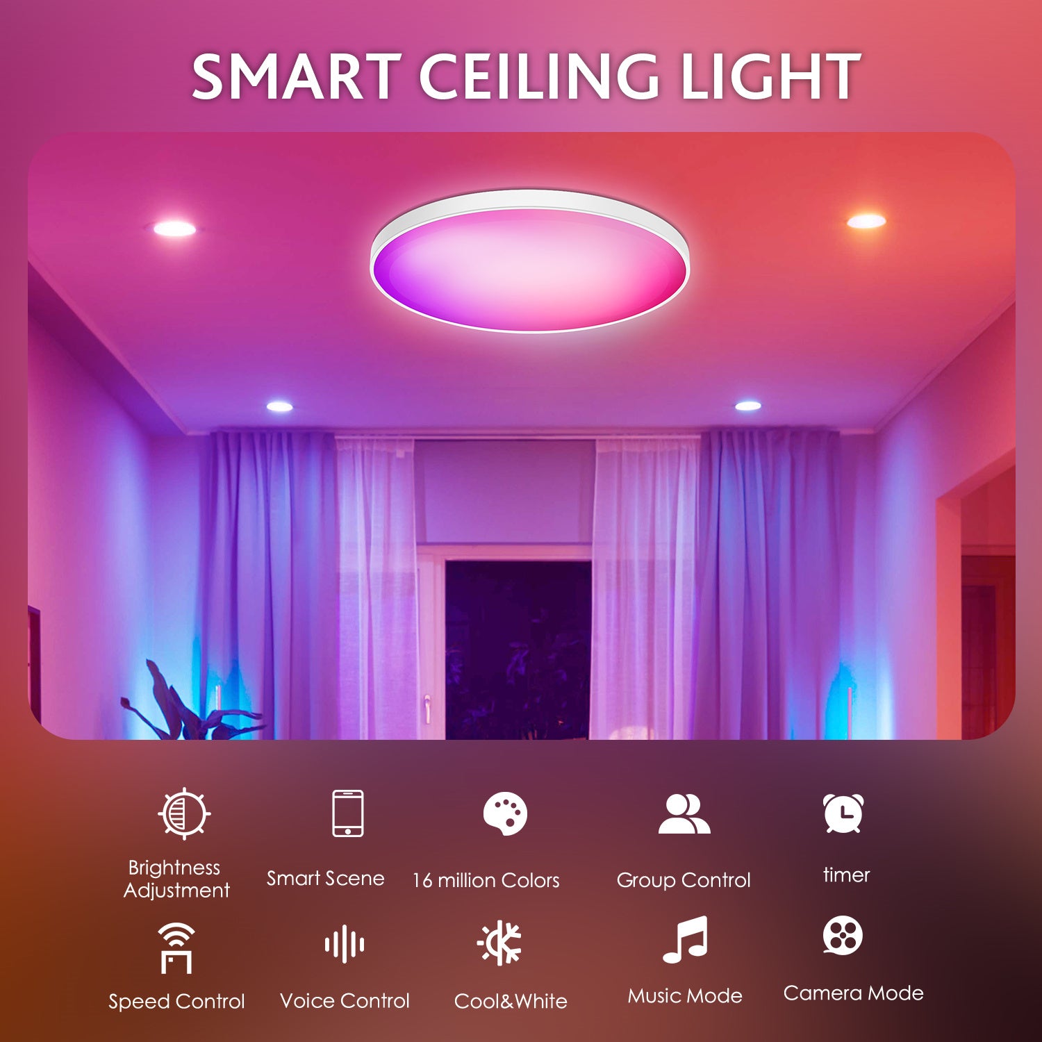 LED Ceiling Light Adjustable 48W EU Plug Smart Night Light Lamp for Living Bed Dining Room House