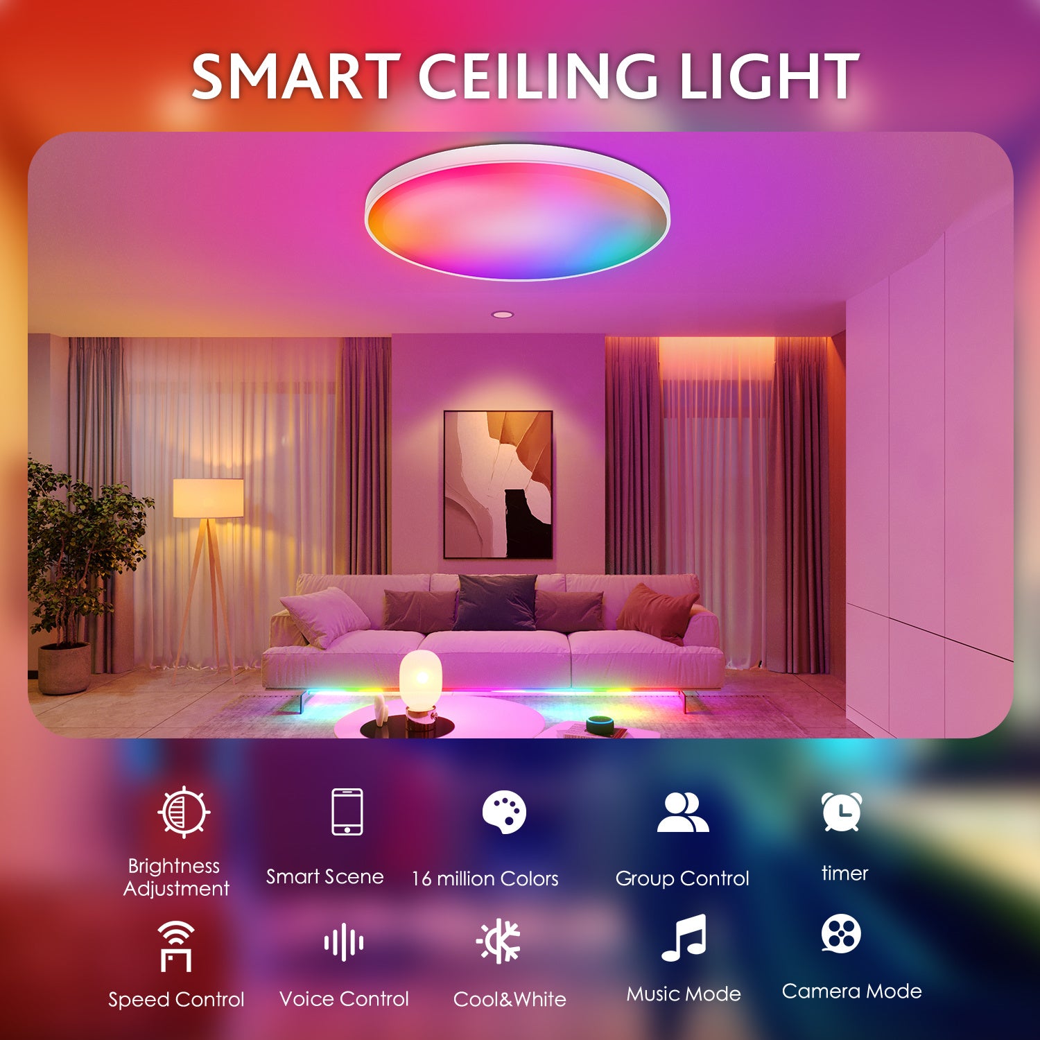 ZJ-BWCLAH-RGBWW-R12C2 LED Ceiling Light 30W Smart Night Light Lamp Voice Control for Living Bed Dining Room