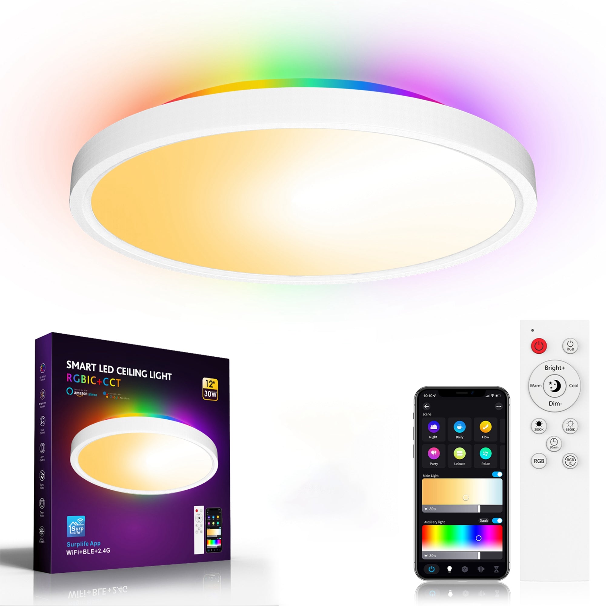 ZJ-WCLD-HC-RGB-CCT-S 30W Ultra-Thin RGBCW Ceiling Light with Smart WiFi and Bluetooth Remote Control