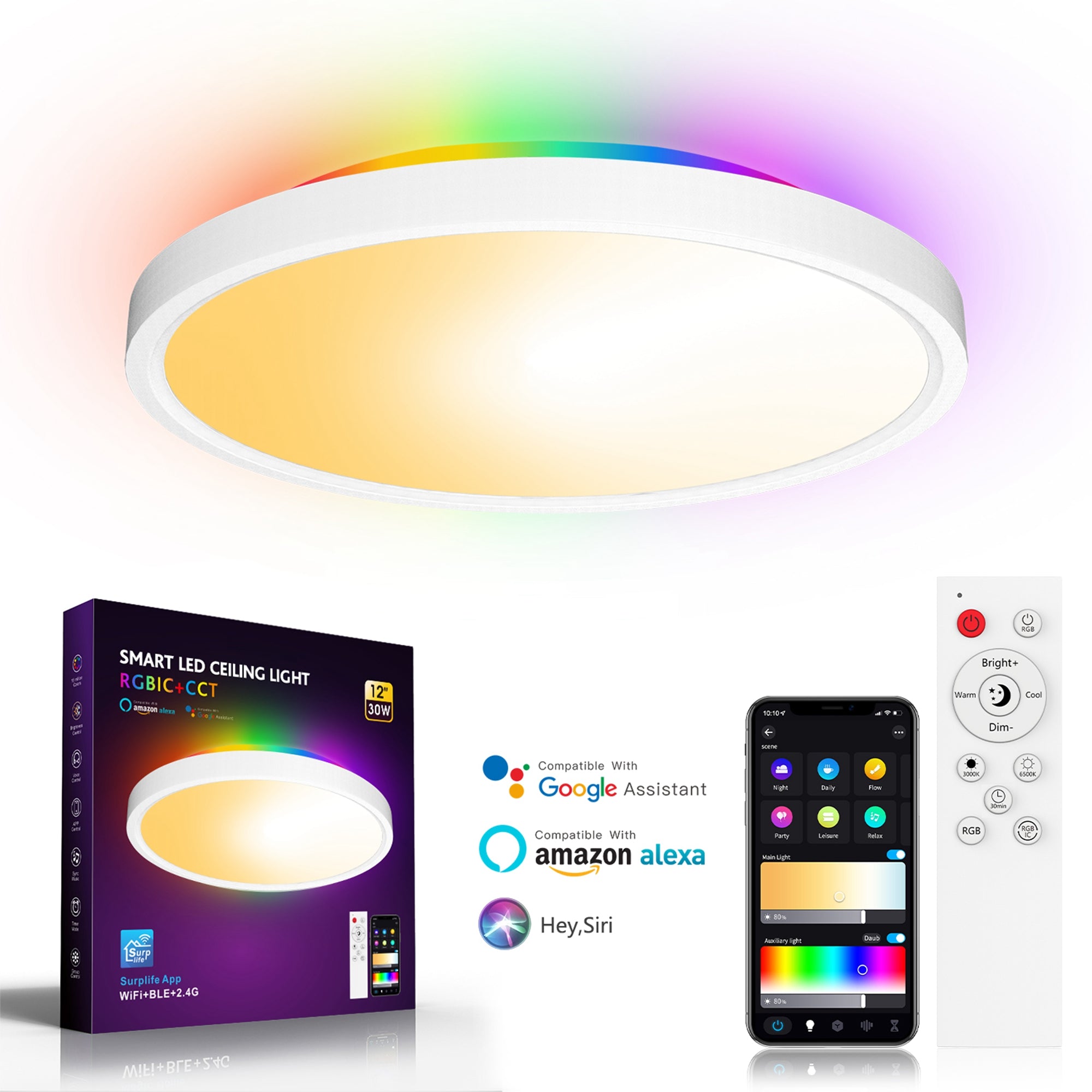 ZJ-WCLD-HC-RGB-CCT-S 30W Ultra-Thin RGBCW Ceiling Light with Smart WiFi and Bluetooth Remote Control