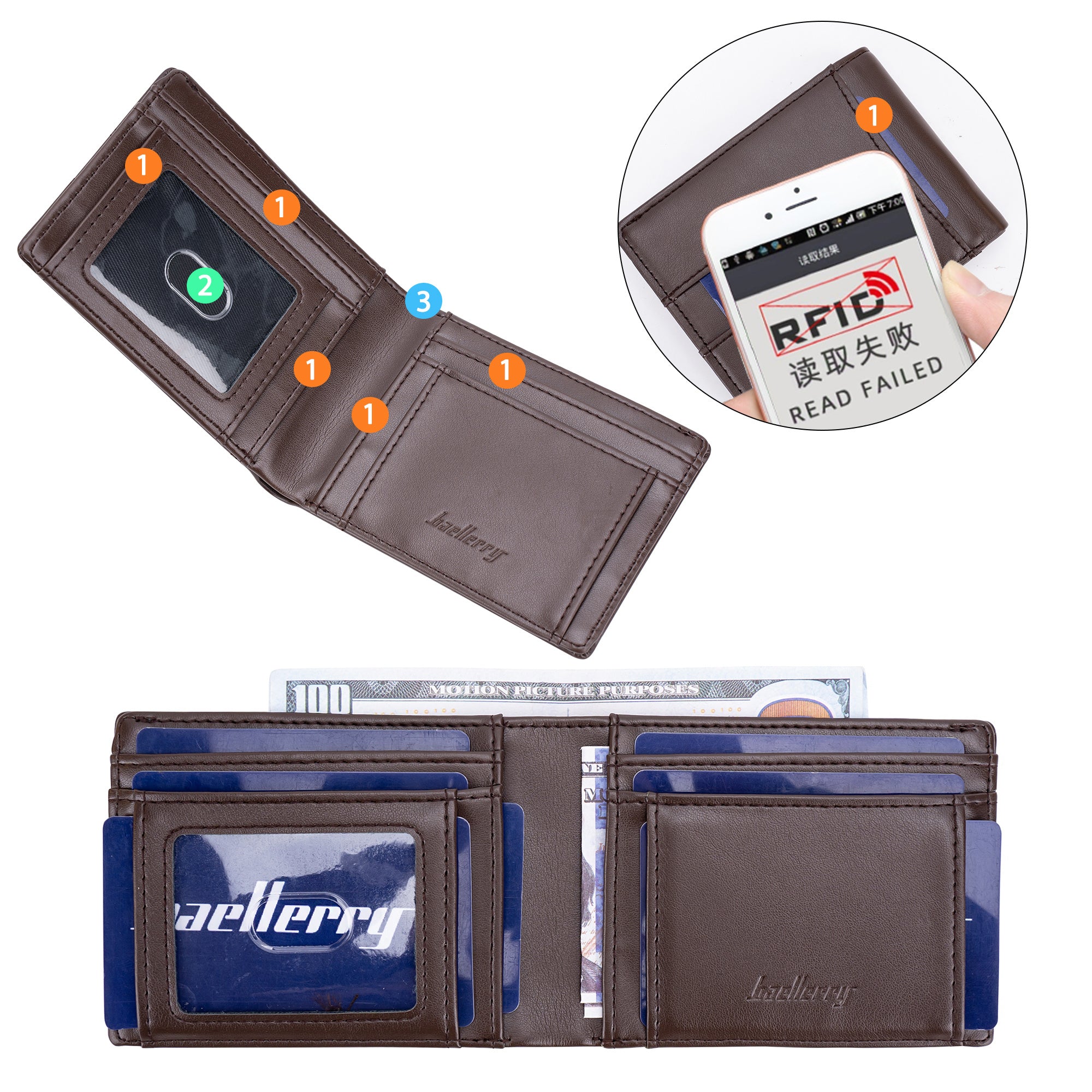 BAELLERRY K9311-K9312 RFID Blocking Bifold Leather Pocket Wallet RFID Blocking Card Bag Coin Purse