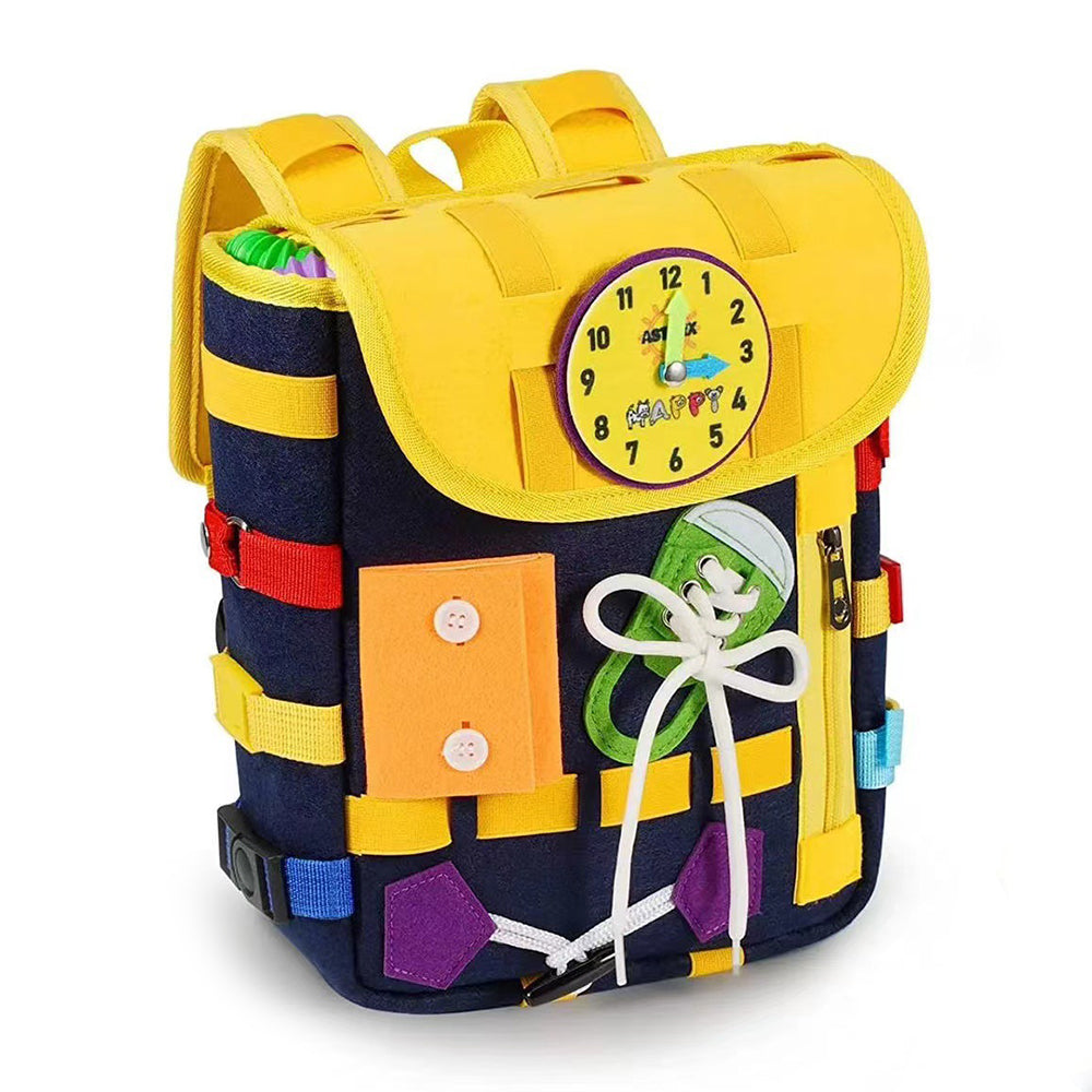 YT-66 Toddlers Busy Board Felt Backpack Montessori Toy for Basic Life Skills Learning - Navy Blue