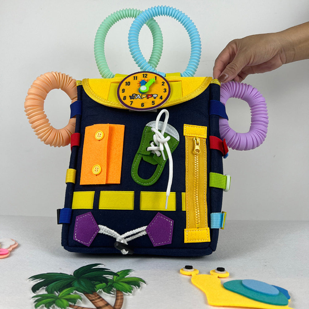 YT-66 Toddlers Busy Board Felt Backpack Montessori Toy for Basic Life Skills Learning - Navy Blue