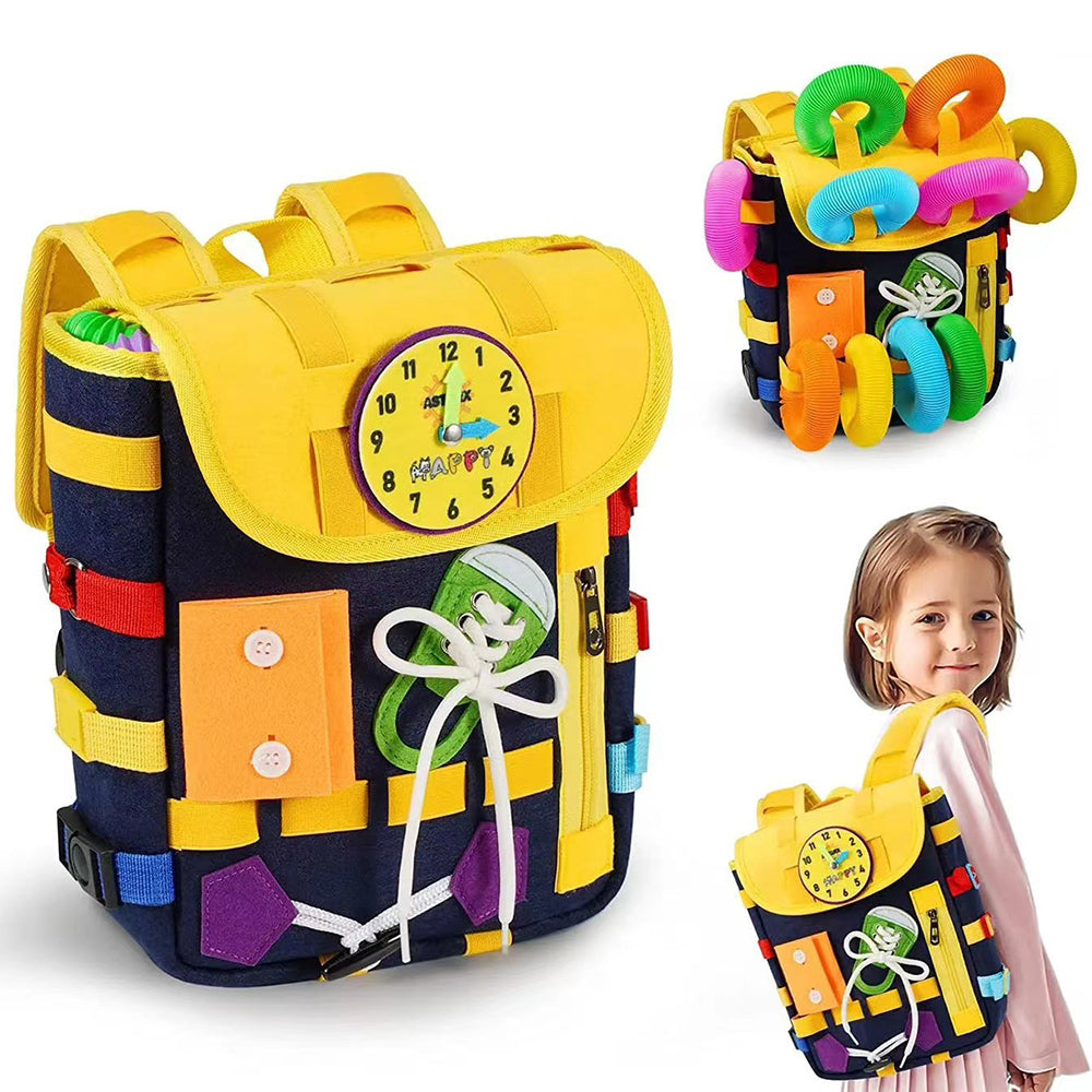 YT-66 Toddlers Busy Board Felt Backpack Montessori Toy for Basic Life Skills Learning - Navy Blue