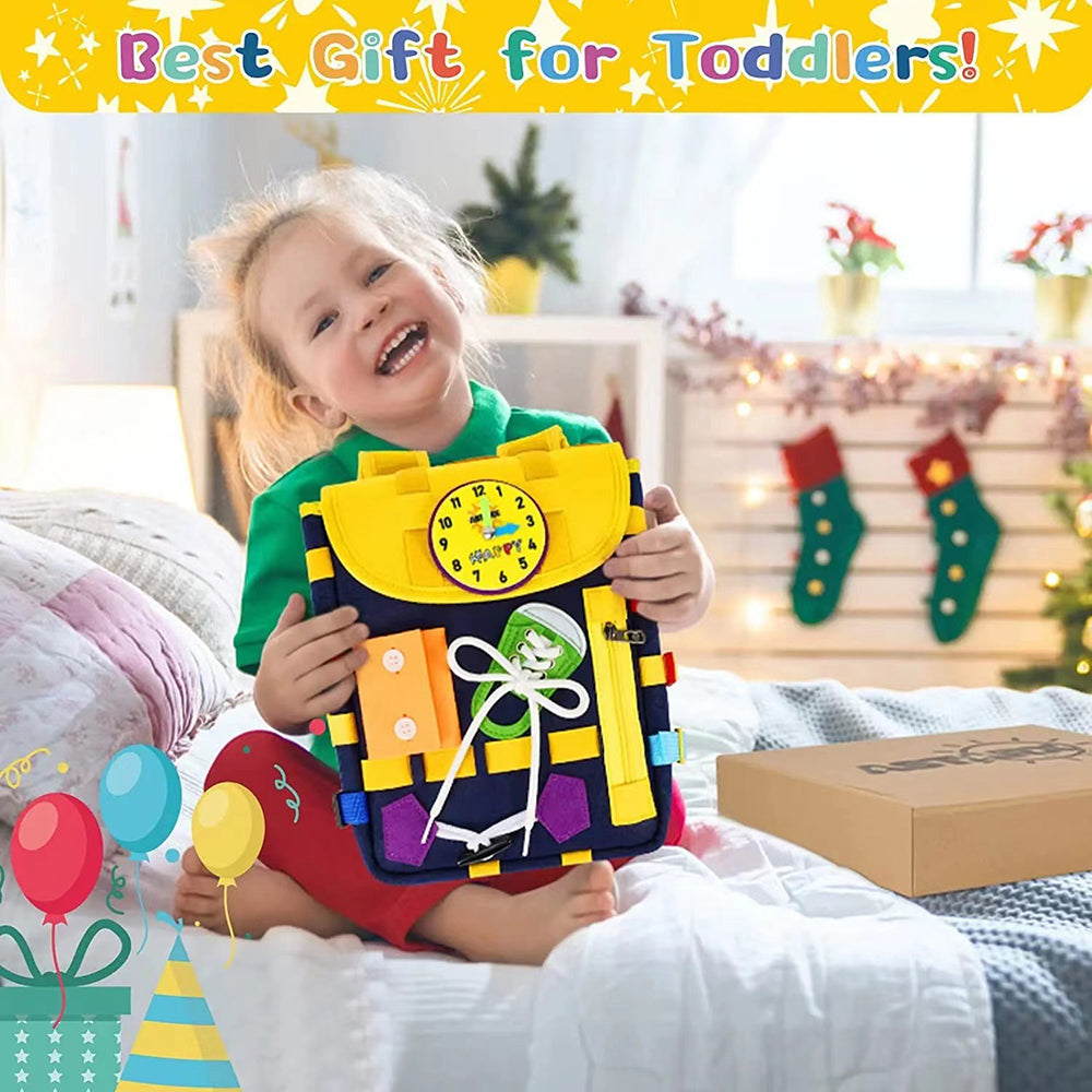 YT-66 Toddlers Busy Board Felt Backpack Montessori Toy for Basic Life Skills Learning - Navy Blue