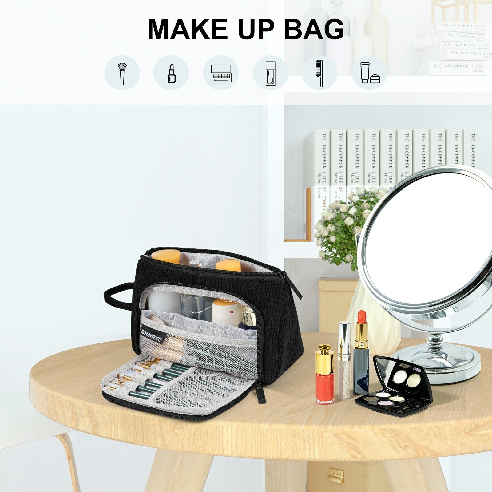HAWEEL Corduroy Cosmetics Bag Travel Organizer Toiletry Bag for Makeup, Lotion, Pen