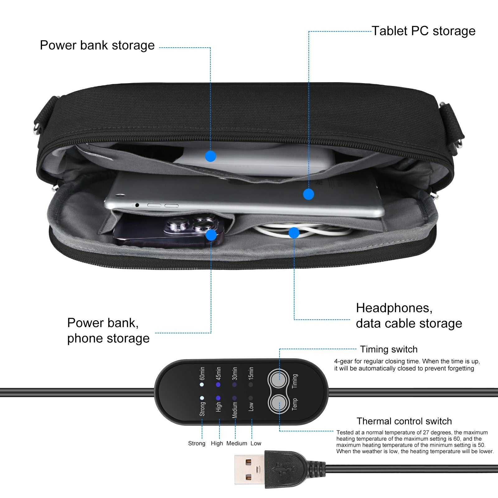 HAWEEL HWL2133 Crossbody Shoulder Bag Heating Hand Warmer Bag Storage Bag for Phone Power Stand