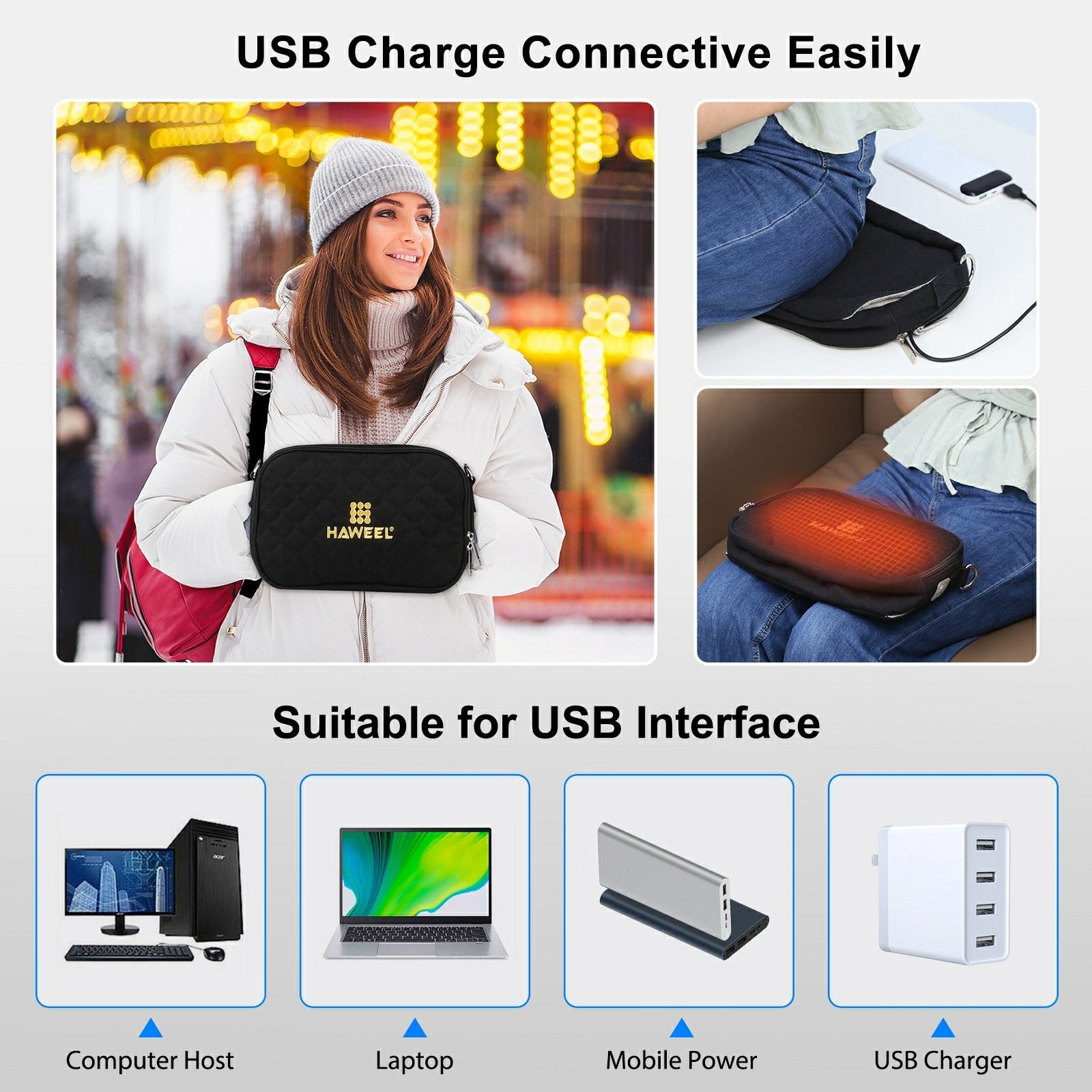 HAWEEL HWL2133 Crossbody Shoulder Bag Heating Hand Warmer Bag Storage Bag for Phone Power Stand