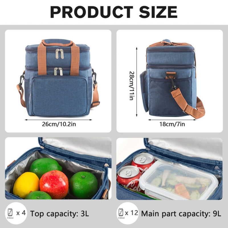 2 Layers Insulated Lunch Bag Large Capacity Food Storage Drink Cooling Handbag with Shoulder Strap