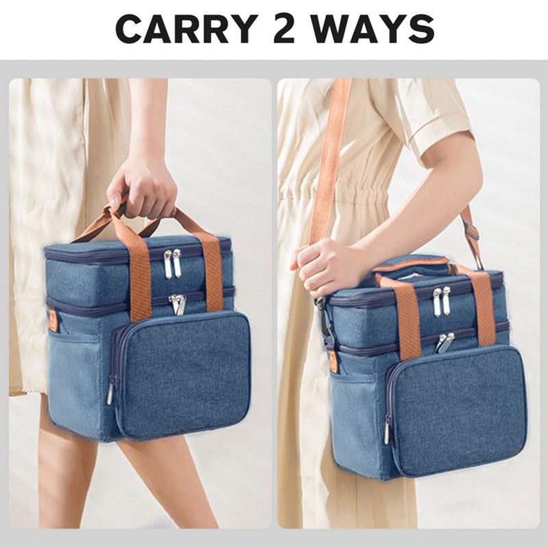2 Layers Insulated Lunch Bag Large Capacity Food Storage Drink Cooling Handbag with Shoulder Strap