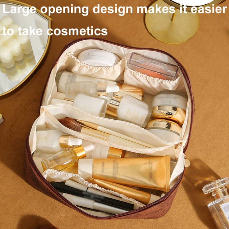 Retro PU Leather Cosmetic Bag Printing Design Travel Toiletries Storage Bag