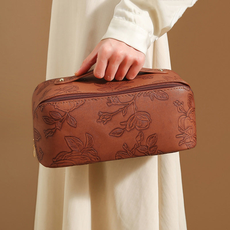 Retro PU Leather Cosmetic Bag Printing Design Travel Toiletries Storage Bag