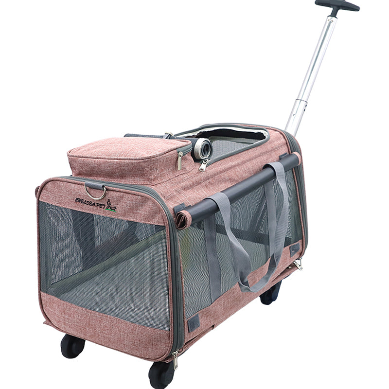 LDLC QS-017 Portable Travel Breathable Mesh Design Pet Carrier Bag Dog Cat Carrying Trolley Bag with Detachable Wheels - Light Pink