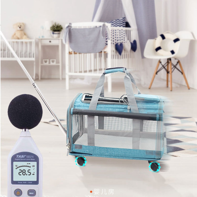 LDLC QS-017 Portable Travel Breathable Mesh Design Pet Carrier Bag Dog Cat Carrying Trolley Bag with Detachable Wheels - Light Pink