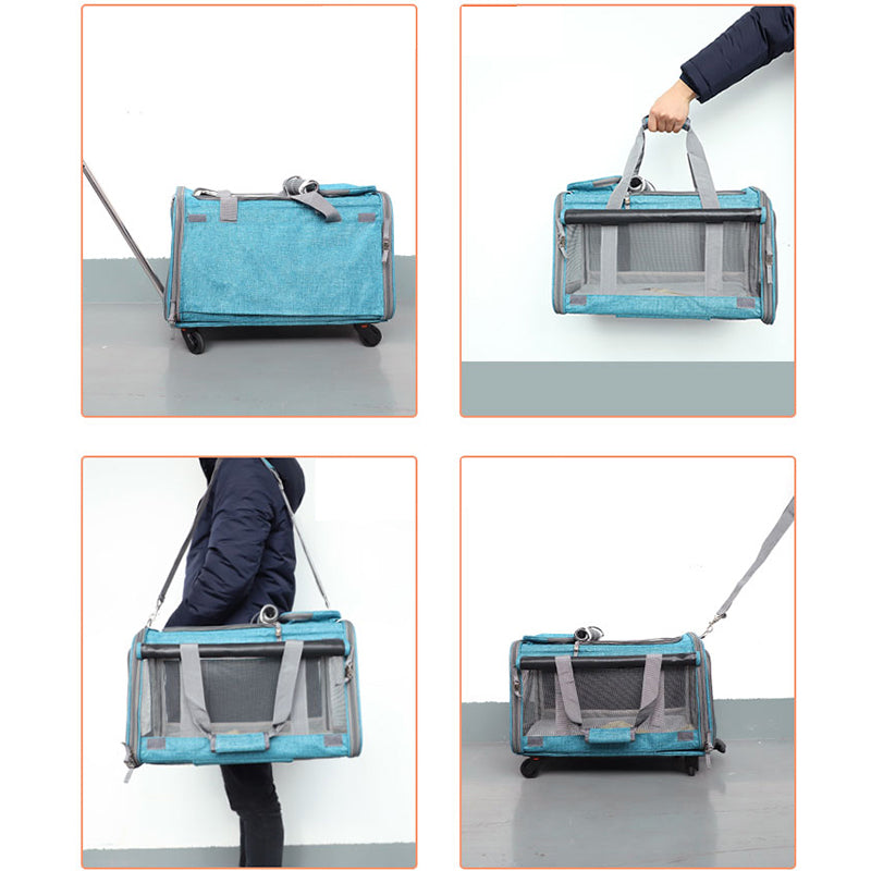 LDLC QS-017 Portable Travel Breathable Mesh Design Pet Carrier Bag Dog Cat Carrying Trolley Bag with Detachable Wheels - Light Pink