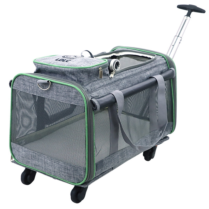 LDLC QS-017 Portable Travel Breathable Mesh Design Pet Carrier Bag Dog Cat Carrying Trolley Bag with Detachable Wheels - Light Pink
