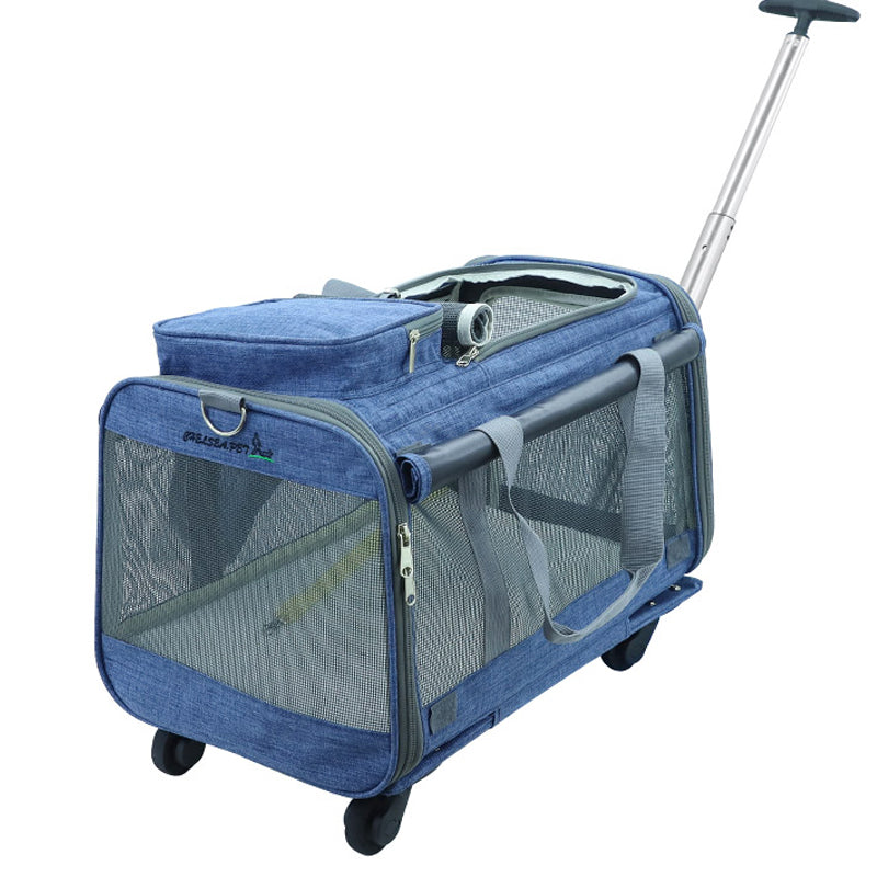 LDLC QS-017 Portable Travel Breathable Mesh Design Pet Carrier Bag Dog Cat Carrying Trolley Bag with Detachable Wheels - Light Pink