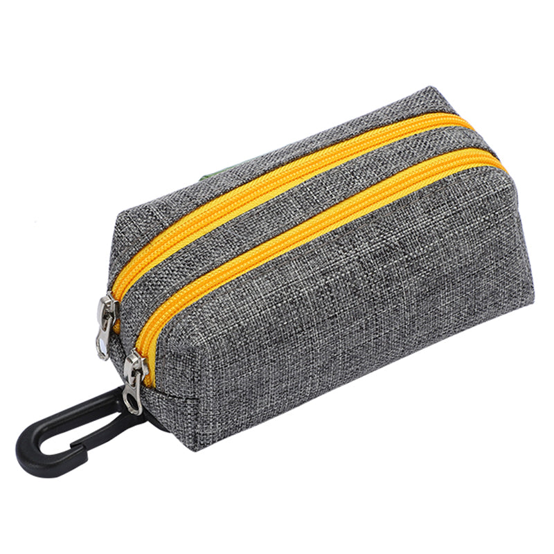 LDLC QS-080 Pet Waste Bag Dispenser Zippered Pouch Portable Dog Poop Bag Holder Leash Attachment, Double Zipper - Grey/Yellow