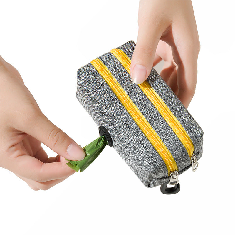 LDLC QS-080 Pet Waste Bag Dispenser Zippered Pouch Portable Dog Poop Bag Holder Leash Attachment, Double Zipper - Grey/Yellow