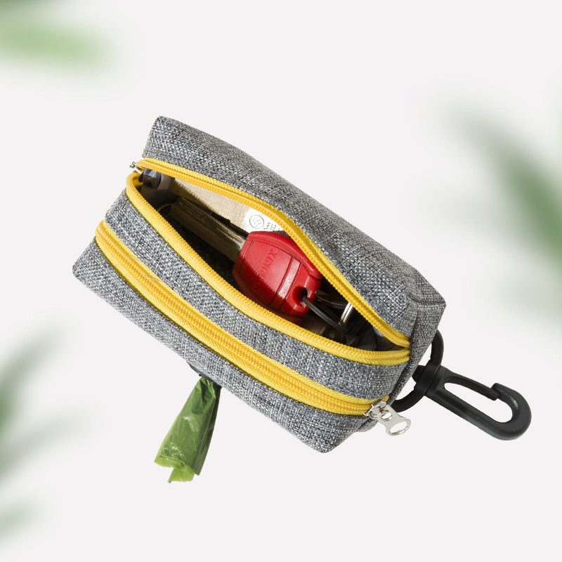 LDLC QS-080 Pet Waste Bag Dispenser Zippered Pouch Portable Dog Poop Bag Holder Leash Attachment, Double Zipper - Grey/Yellow