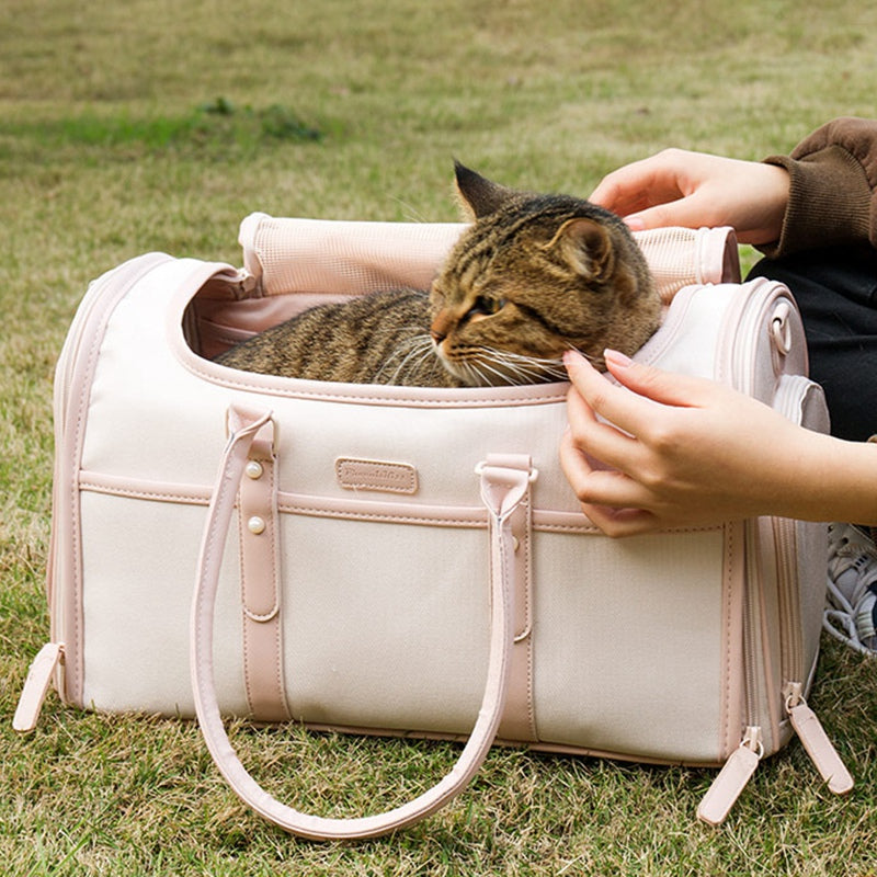 LDLC QS-089 Quality Mesh Design Carrier Dog Carrier Bag Cat Carrier Foldable Pet Carrying Tote Bag Handbag - Light Pink
