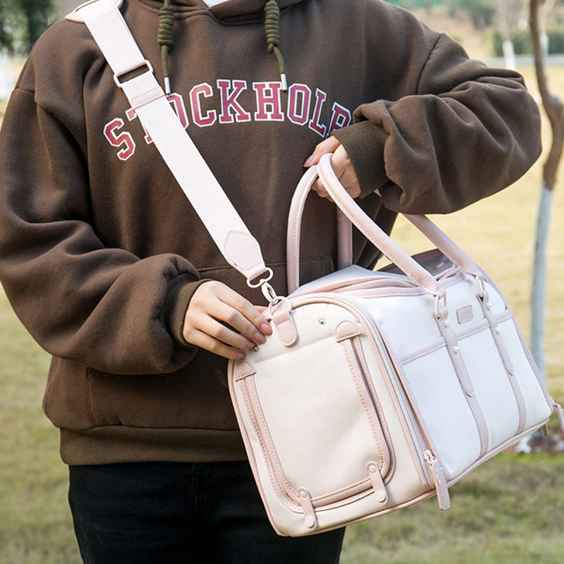 LDLC QS-089 Quality Mesh Design Carrier Dog Carrier Bag Cat Carrier Foldable Pet Carrying Tote Bag Handbag - Light Pink