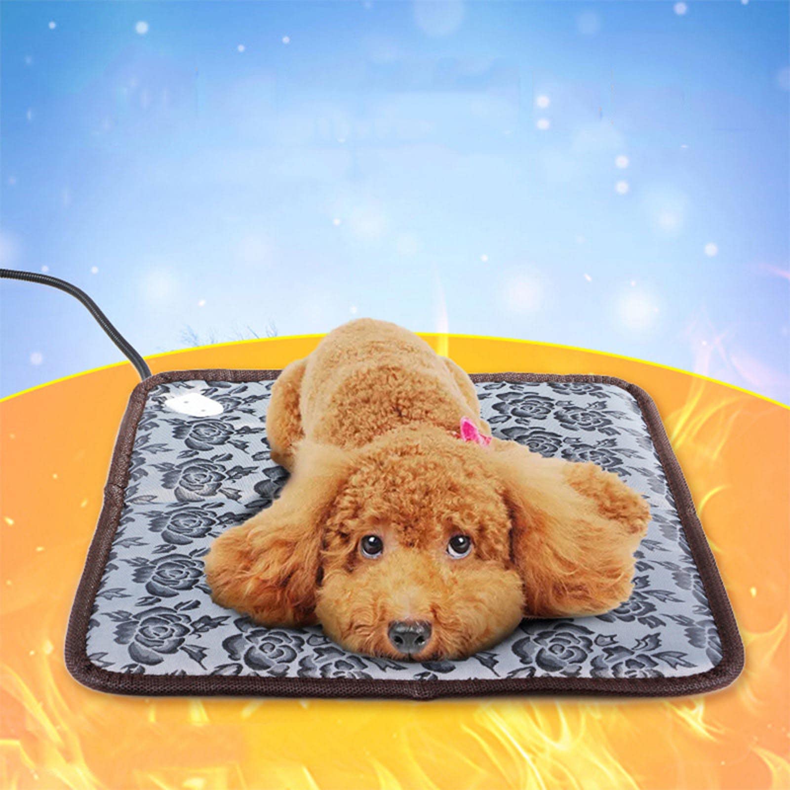 Floral Pattern Pet Electric Blanket Adjustable Temperature Waterproof Warmer Blanket Dog Cat Heating Pad, 45*45cm - US Plug
