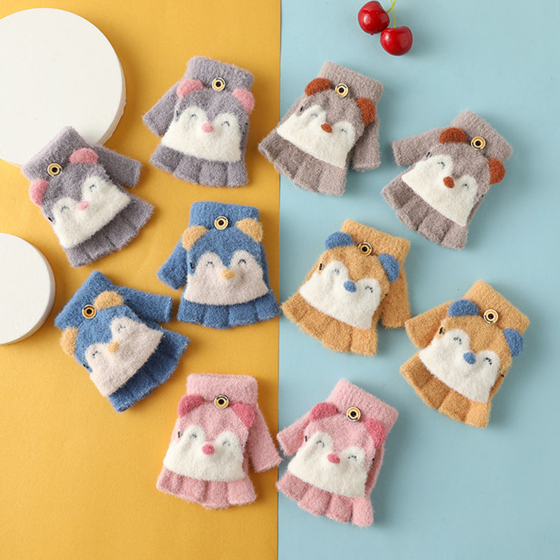 1 Pair Kids Mink Velvet Warm Gloves Half Finger Cover Cartoon Shape