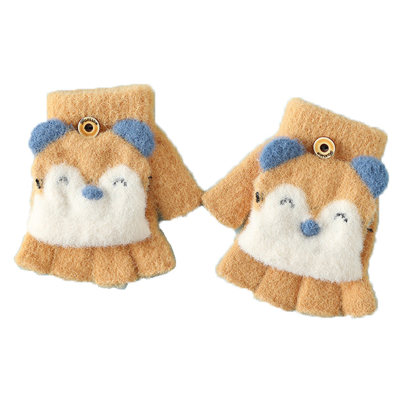 1 Pair Kids Mink Velvet Warm Gloves Half Finger Cover Cartoon Shape