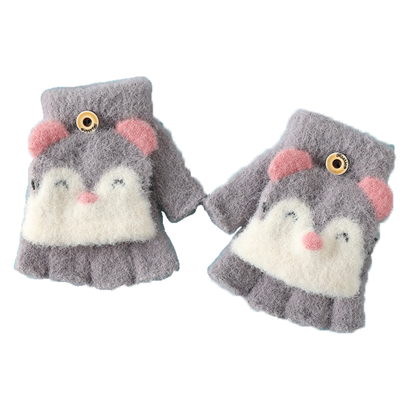 1 Pair Kids Mink Velvet Warm Gloves Half Finger Cover Cartoon Shape
