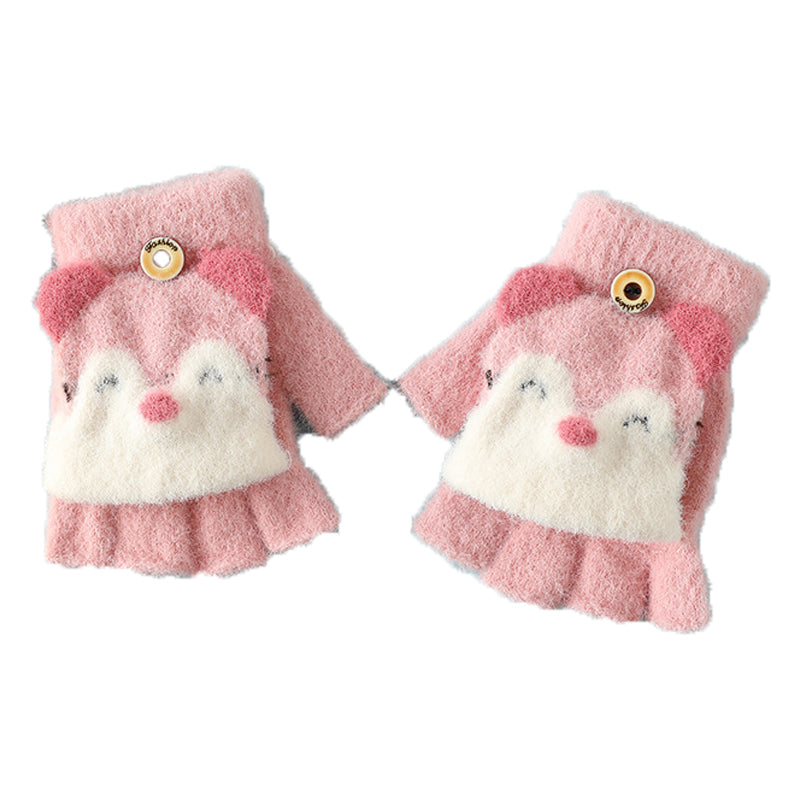 1 Pair Kids Mink Velvet Warm Gloves Half Finger Cover Cartoon Shape