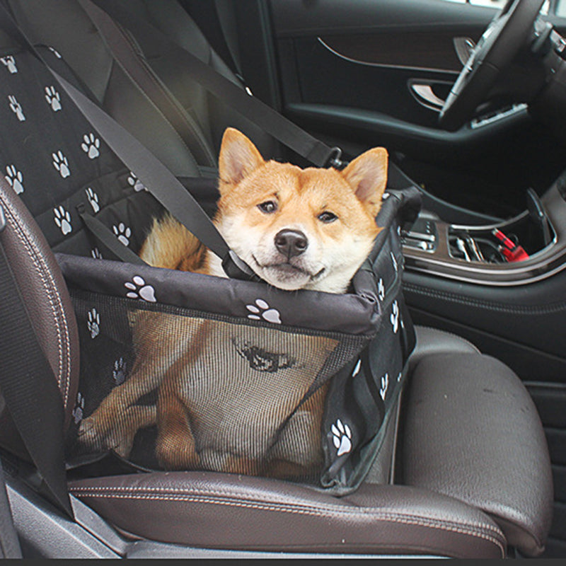 Pet Dog Booster Waterproof Puppy Cat Carrier Seat Foldable Oxford Cloth Pet Car Basket with PVC Tube Frame - Printed Black