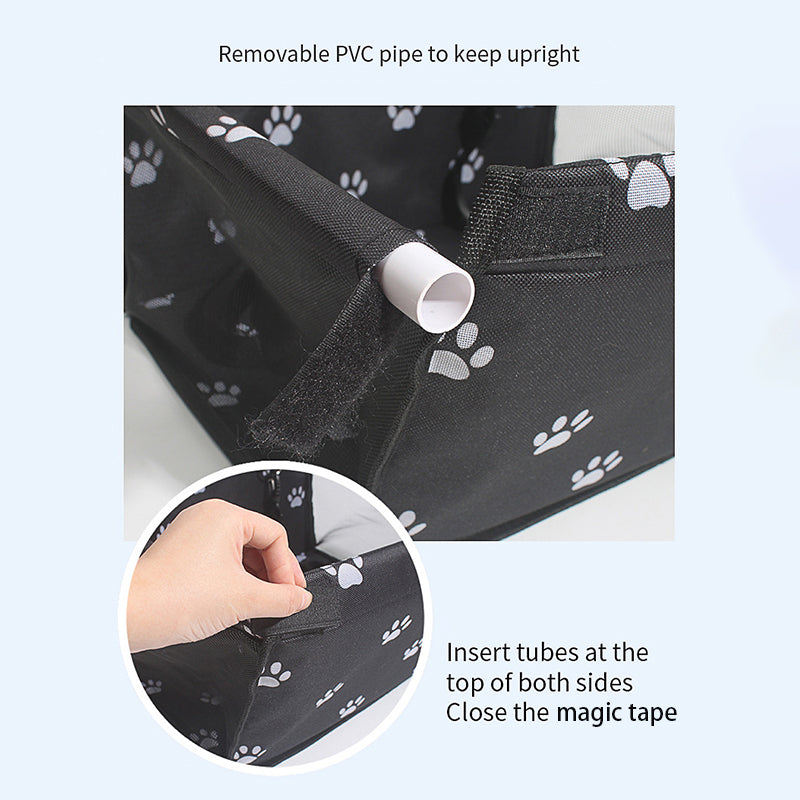 Pet Dog Booster Waterproof Puppy Cat Carrier Seat Foldable Oxford Cloth Pet Car Basket with PVC Tube Frame - Printed Black