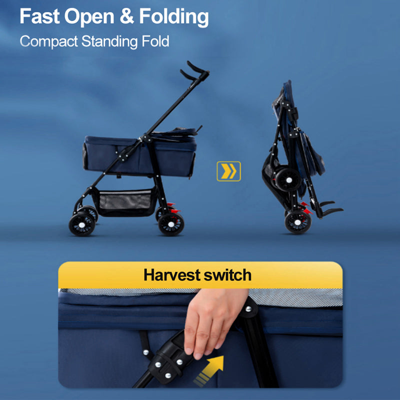 TG-PS001 2-in-1 Dog Cat Cart Going Out Pet Carrier Stroller Portable Foldable Trolley - Navy Blue