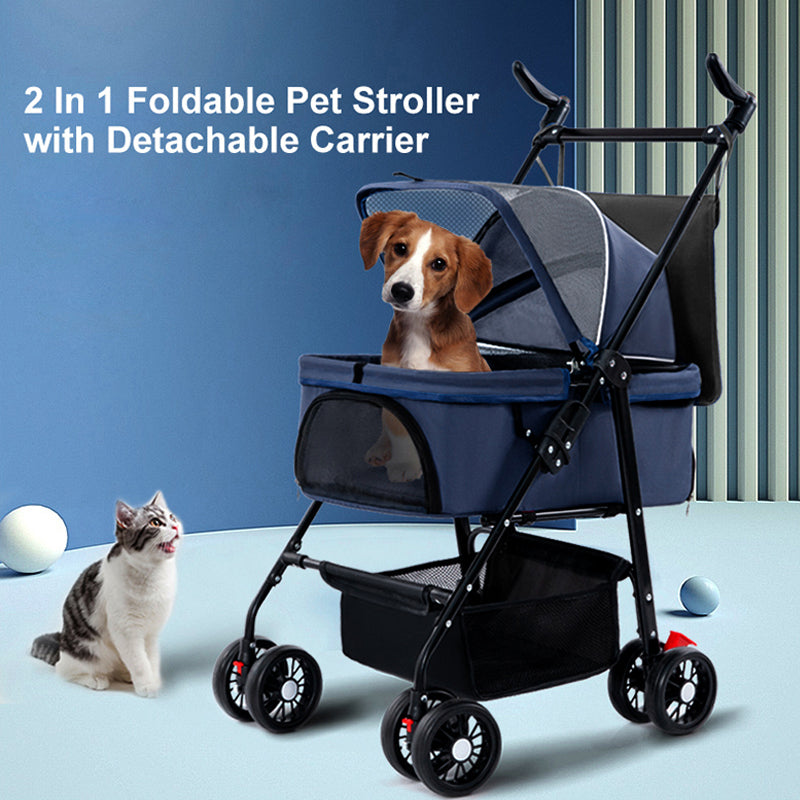 TG-PS001 2-in-1 Dog Cat Cart Going Out Pet Carrier Stroller Portable Foldable Trolley - Navy Blue