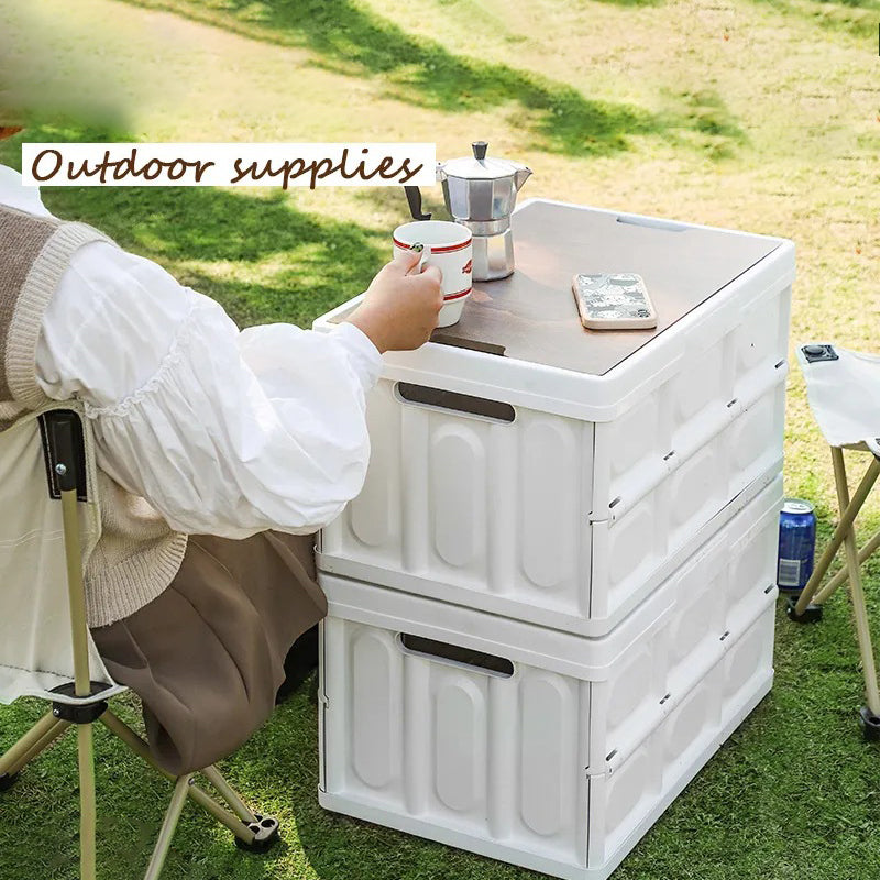 30L Home Outdoor Foldable Storage Box Wood+PP Lidded Organizer Case 430x285x230mm