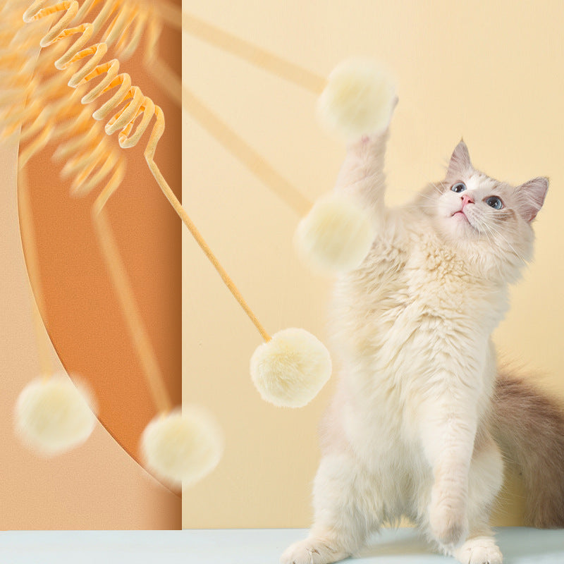 TG-CTOY0086 Cat Spring Toy Hanging Stretchable Spring with Pompom Bell Soft Plush Pet Interactive Toy ST - Yellow