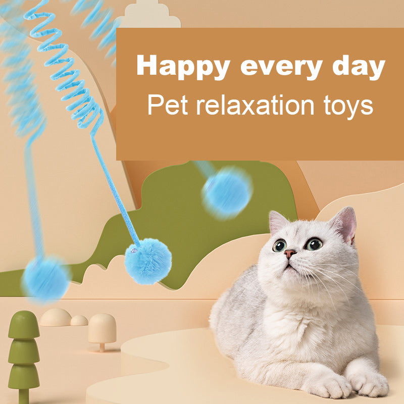 TG-CTOY0086 Cat Spring Toy Hanging Stretchable Spring with Pompom Bell Soft Plush Pet Interactive Toy ST - Yellow