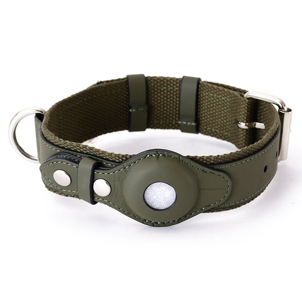 PU Leather+Canvas Anti-Lost Locator Pet Dog Collar for Apple AirTag Tracker Adjustable Pet Collar ST, Size S - Blackish Green