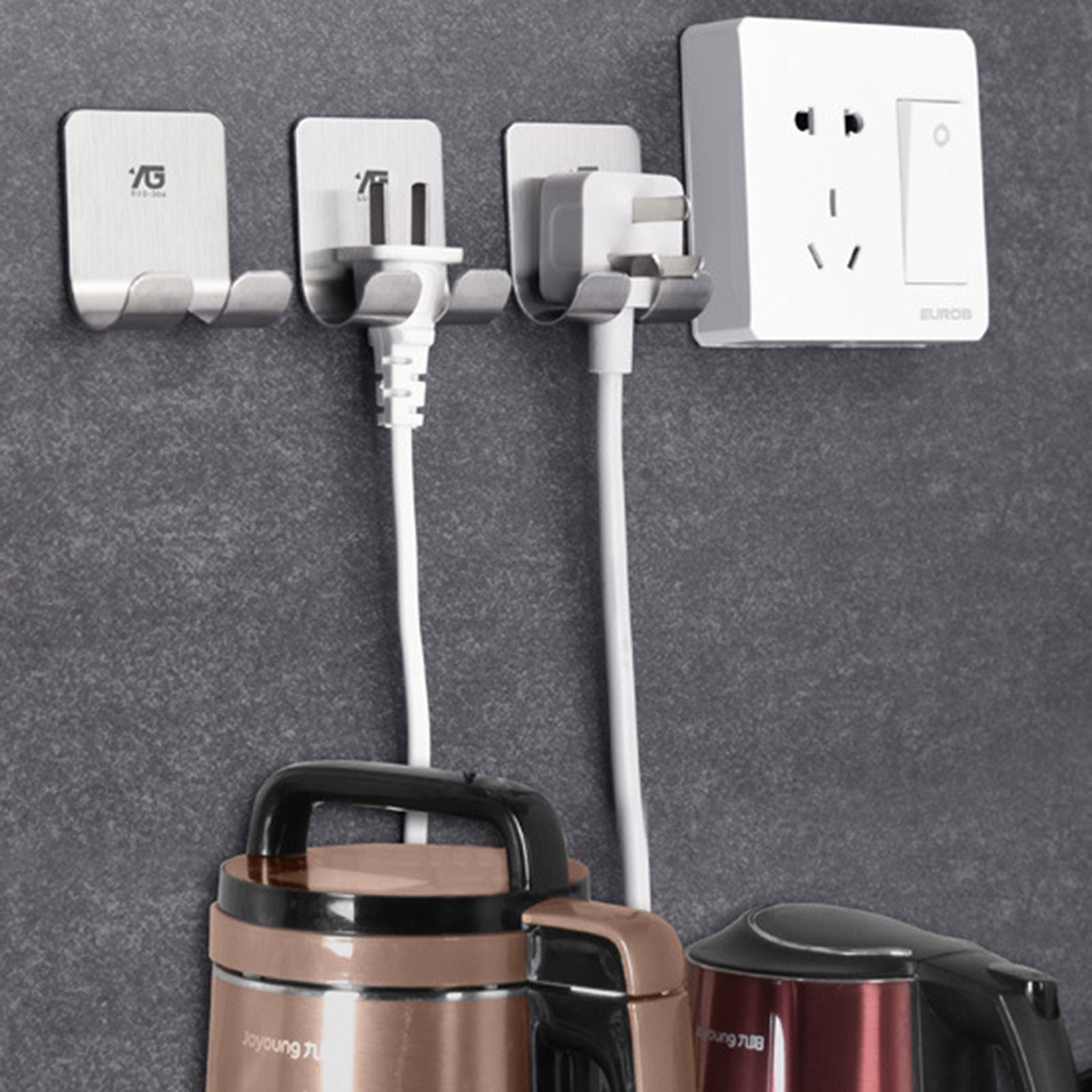 Stainless Steel Hook Wall Mounted Rack Adhesive Wall Plug Holder Hanger Rack 52x45x17MM
