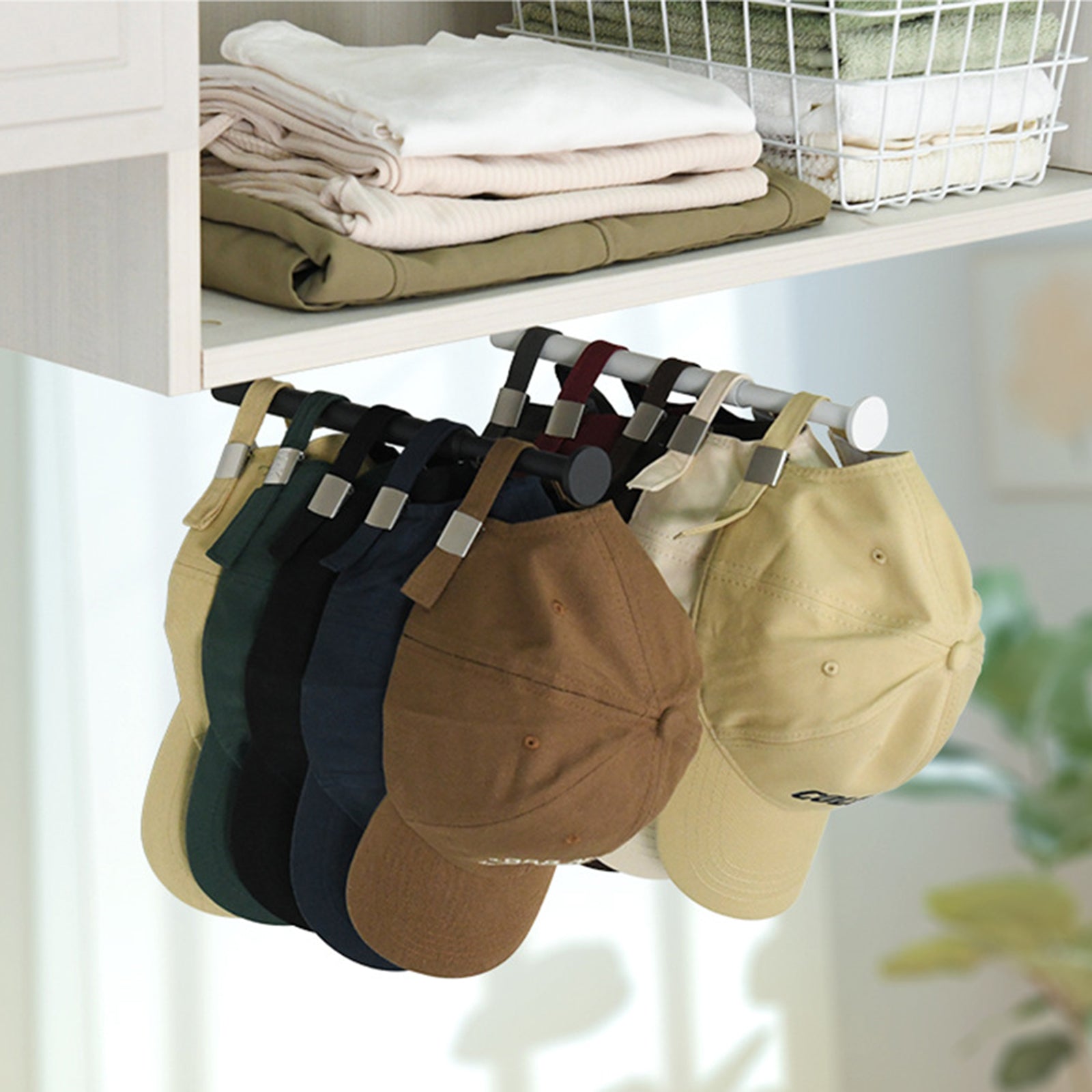 Drill Free Wall-Mounted Carbon Steel Adhesive Telescopic Hat Organizer Rack