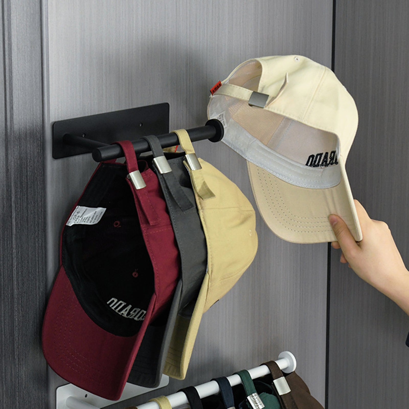 Drill Free Wall-Mounted Carbon Steel Adhesive Telescopic Hat Organizer Rack
