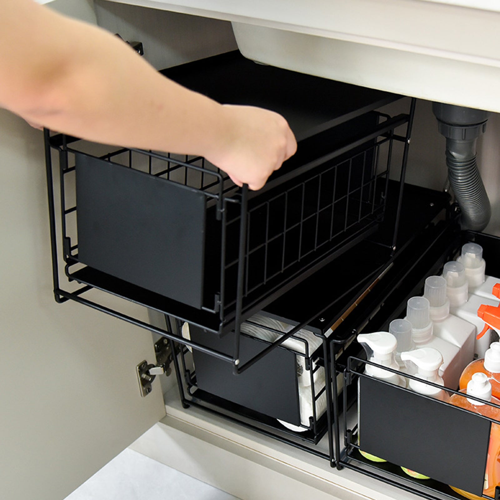 Carbon Steel Kitchen Under Sink Storage Shelf Multi-function Organizer Rack (No Lid)