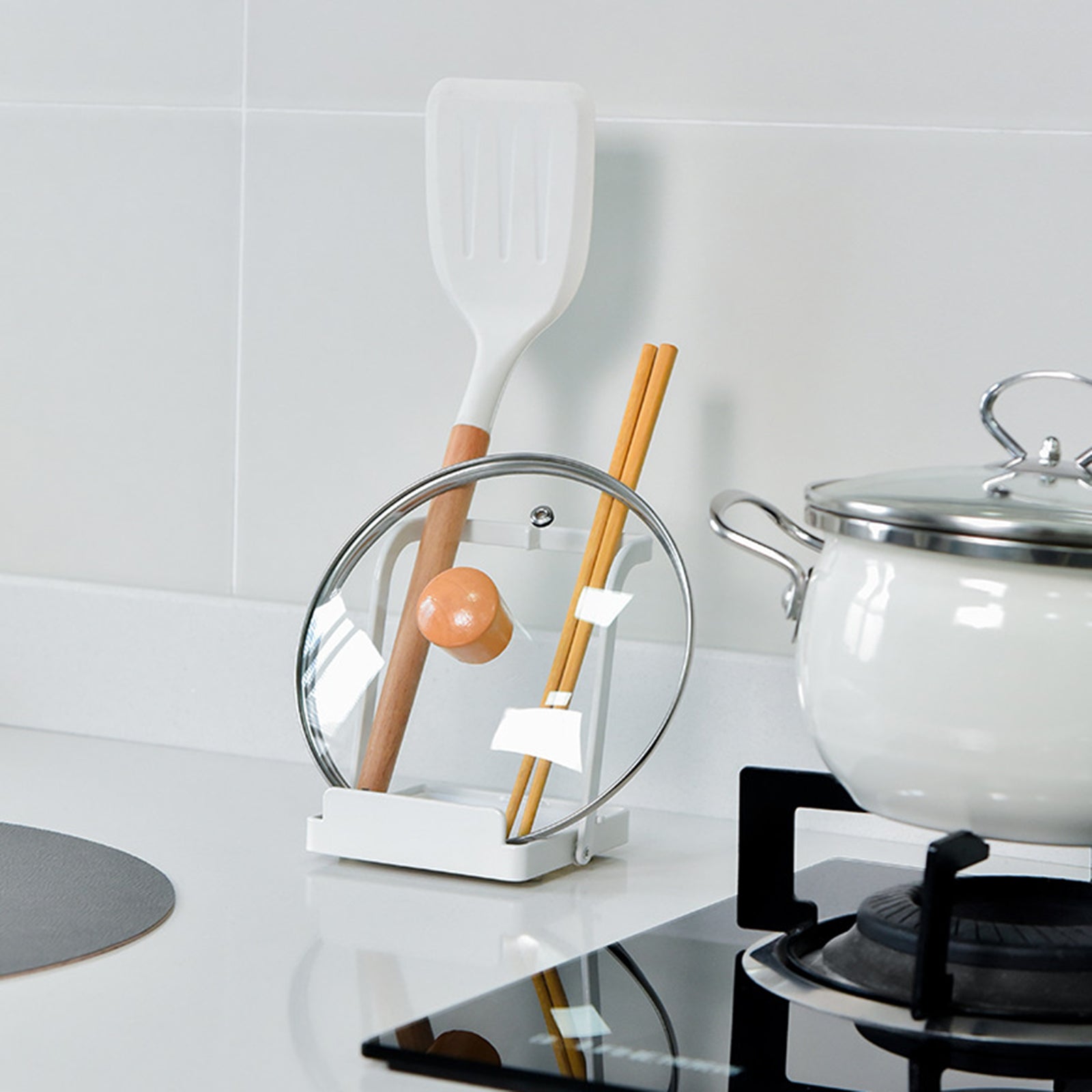 Countertop Shelf Pot Lid Holder with Drain Tray Kitchen Cookware Organizer