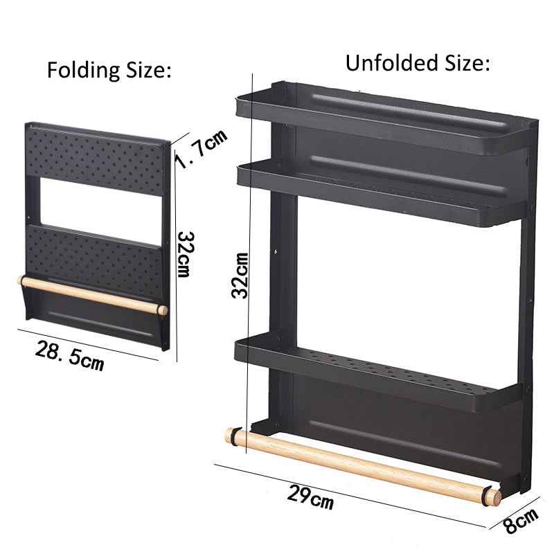 Fridge Magnetic Folding Carbon Steel Storage Rack with Wooden Rod Size S